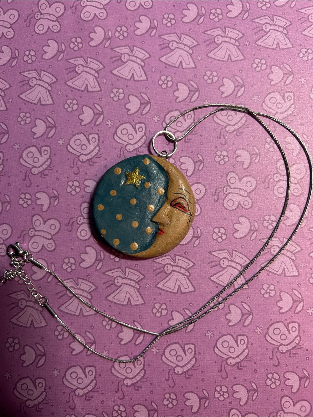 Handpainted Moon & Star Pendant Necklace in Teal and Gold